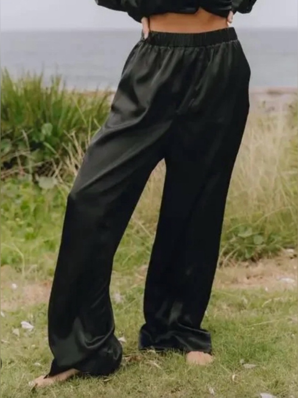 DAILY DRILLS Black Satin Silky Resort Pants Wide Leg Trousers Size Medium